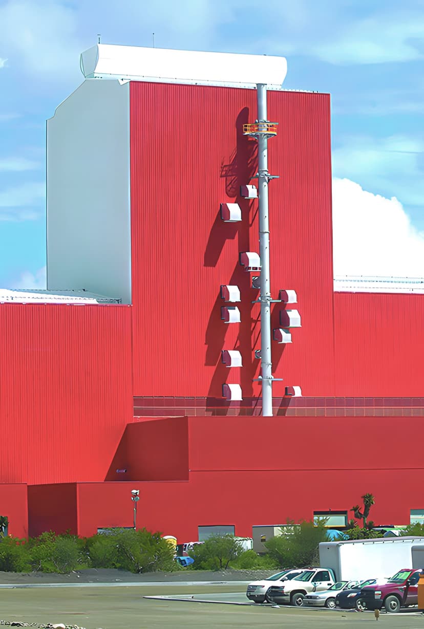 Nave industrial de color rojo y con un sistema Magnavalve hasta arriba para mejorar la eficiencia de la ventilación