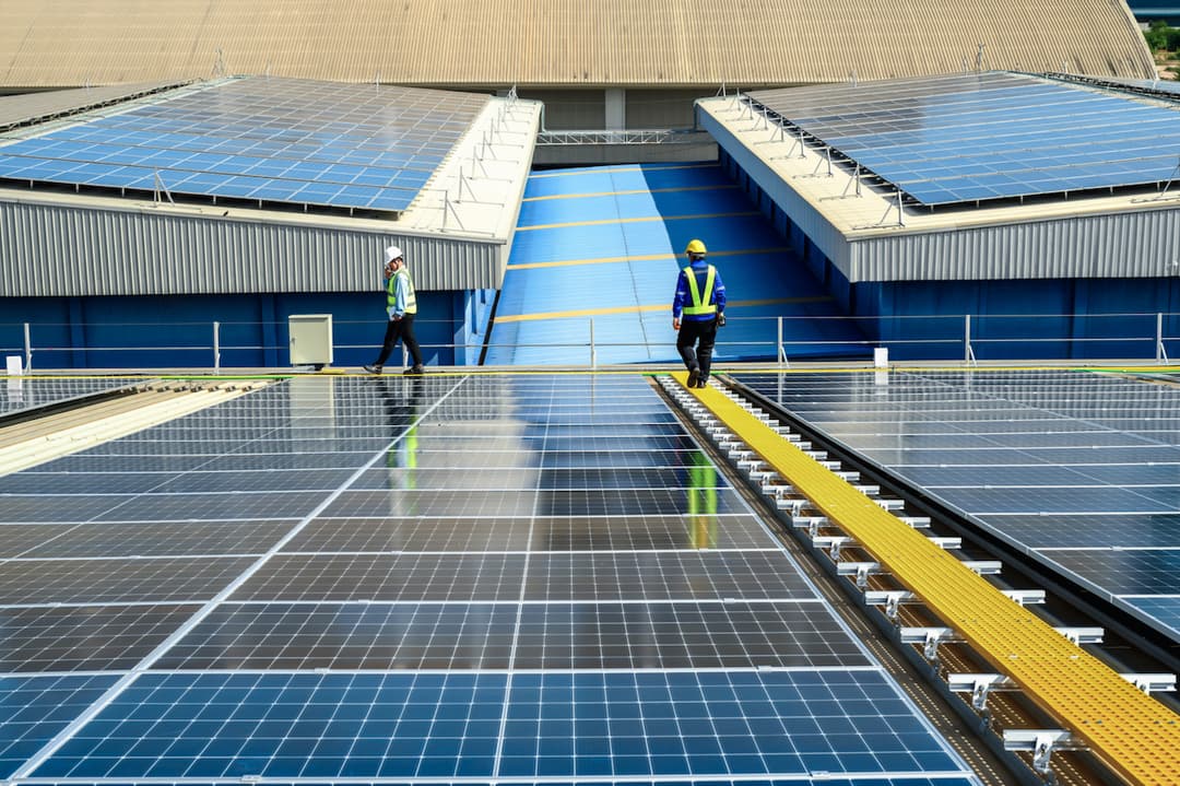 Ingeniero inspeccionando fisicamente un panel solar mientras esta encima de un paso de gato