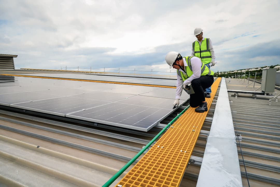 Ingenieros volviendo a través del paso de gato a la industria despues de analizar los paneles solares