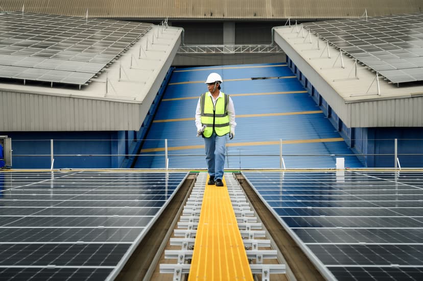Trabajador caminando de frente encima del paso de gato mientras detrás de el hay una fabrica