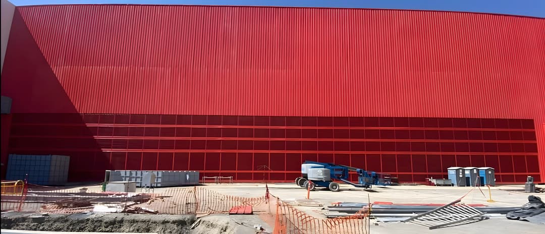Louvers rojos que forman parte de una gran pared en una nave industrial